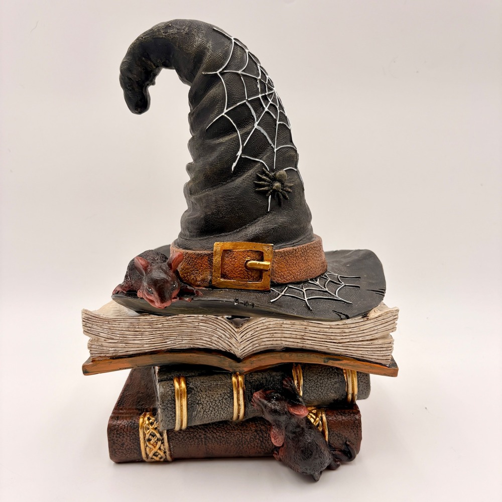 Halloween Witch Hat on Stack of Spell Books Figurine with Rats and Spiderweb